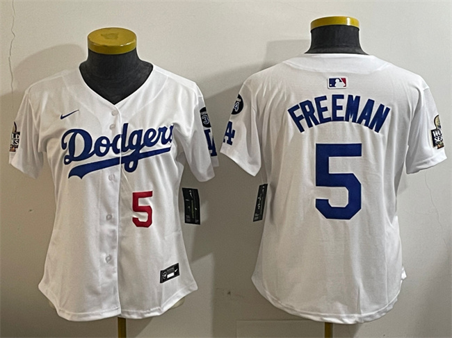 Women's Los Angeles Dodgers #5 Freddie Freeman White 2024 World Series With Fernando Memorial Patch Home Limited Stitched Baseball Jersey(Run Small) Women's Los Angeles Dodgers #5 Freddie Freeman White 2024 World Series With Fernando Memorial Patch Home Limited Stitched Baseball Jersey(Run Small)